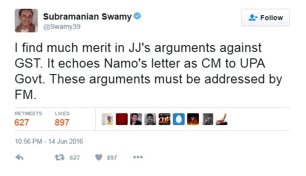 dr.swamy tweet on jj gst