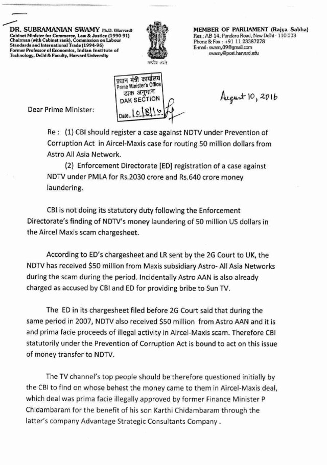 swamy letter to pm on ndtv