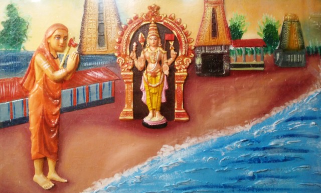 காஞ்சி ஸ்தூபியில் - சங்கரர் திருச்செந்தூர் முருகனை தரிசிக்கும் காட்சி ஓவியம்