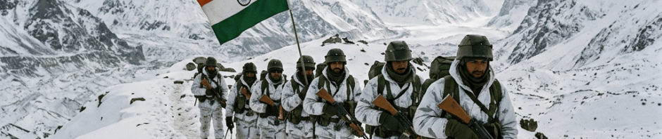 Indian soldiers carrying India’s flag through a snowy Himalayan mountain pass